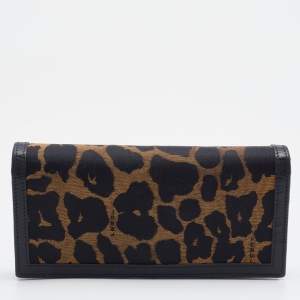 Pre Owned Fendi Brown/Black Leopard Print Canvas and Leather Continental Wallet