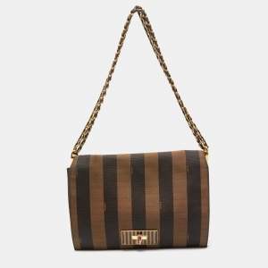 Pre Owned Fendi Tobacco Pequin Canvas Large Claudia Shoulder Bag