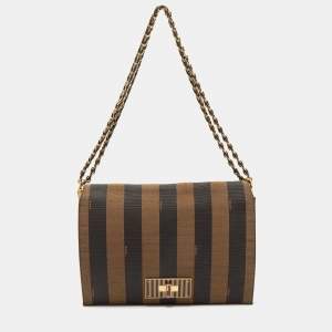 Pre Owned Fendi Tobacco Pequin Stripe Canvas Claudia Shoulder Bag