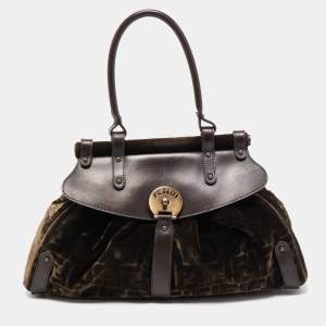 Pre Owned Fendi Brown/Green Zucca Velvet and Leather Medium Magic Shoulder Bag
