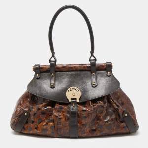 Pre Owned Fendi Brown Tortoise Embossed Leather Medium Magic Top Handle Bag