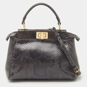 Pre Owned Fendi Dark Green/Black Python Mini Peekaboo Top Handle Bag