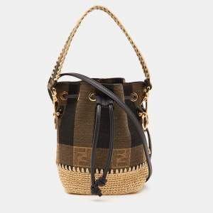 Fendi Tobacco/Cream Zucca Canvas and Raffia Mini Mon Tresor Bucket Bag
