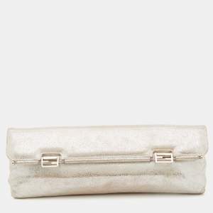 Pre Owned Fendi Sliver Shimmering Leather Flap Clutch