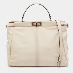 Pre Owned Fendi Cream Leather Large Peekaboo Top Handle Bag