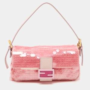 Fendi Pink Sequin Embellished Satin And Watersnake Medium Baguette Bag