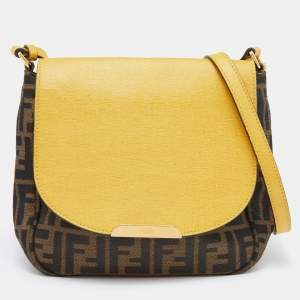 Pre Owned Fendi Yellow/Tobacco Zucca Canvas and Leather Flap Crossbody Bag