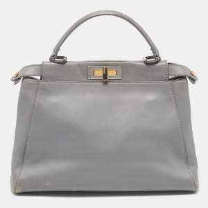 Pre Owned Fendi Grey Leather Medium Peekaboo Top Handle Bag