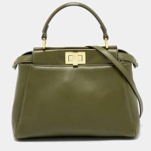 Pre Owned Fendi Olive Green Leather Mini Peekaboo Top Handle Bag