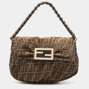 Pre Owned Fendi Tobacco Zucca Canvas Mia Flap Shoulder Bag
