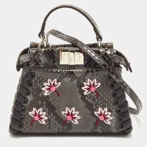 Pre Owned Fendi Grey/Black Python Floral Embroidered Micro Peekaboo Crossbody Bag