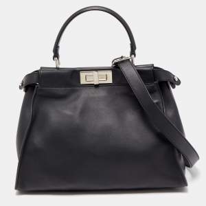 Pre Owned Fendi Black Leather with Python Lining Medium Peekaboo Top Handle Bag