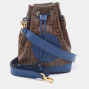 Pre Owned Fendi Brown/Blue Zucca Coated Canvas and Leather Mon Tresor Drawstring Bucket Bag