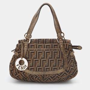 Pre Owned Fendi Brown/Gold Zucca Canvas and Leather Chef Shoulder Bag
