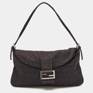 Pre Owned Fendi Black Zucca Canvas Flap Baguette Bag