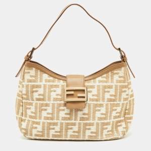 Pre Owned Fendi Beige/White Zucca Raffia and Leather FF Flap Hobo