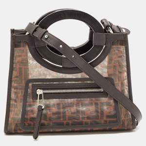 Pre Owned Fendi Tobacco Zucca Mesh Nylon and Leather Small Runaway Shopper Top Handle Bag