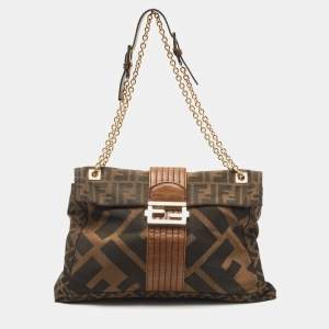 Fendi Tobacco Zucca Canvas and Leather Maxi Baguette Flap Shoulder Bag