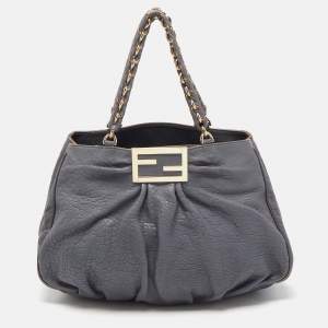 Pre Owned Fendi Light Blue Textured Leather Large Mia Hobo