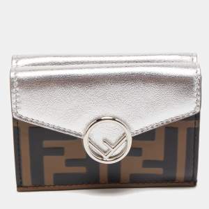 Pre Owned Fendi Silver/Tobacco Zucca Leather Micro F Trifold Wallet