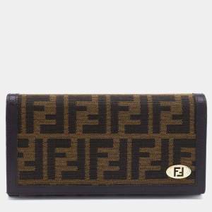 Pre Owned Fendi Tobacco Zucca Canvas and Leather Flap Continental Wallet