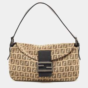 Fendi Black/Beige Zucchino Canvas Mama Baguette Shoulder Bag