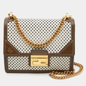 Pre Owned Fendi White/Olive Green Perforeted Leather Small Kan U Shoulder Bag