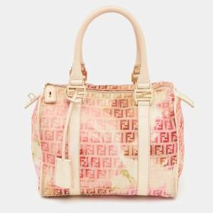 Pre Owned Fendi Beige/Red Printed Zucchino Fabric and Leather Small Forever Bauletto Bag