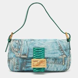 Fendi Green/Blue Denim Print Fabric and Snake Leather Baguette Bag