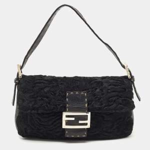 Fendi Black Selleria Leather and Astrakhan Fur Baguette Bag