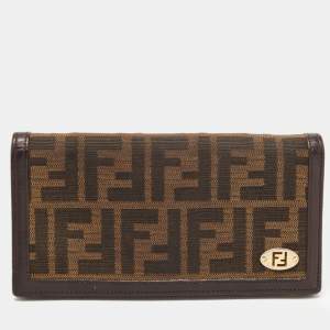 Pre Owned Fendi Tobacco Zucca Canvas and Leather FF Flap Continental Wallet