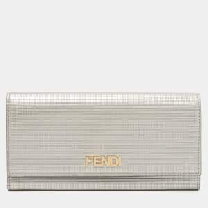 Pre Owned Fendi Silver Textured Leather Logo Flap Continental Wallet