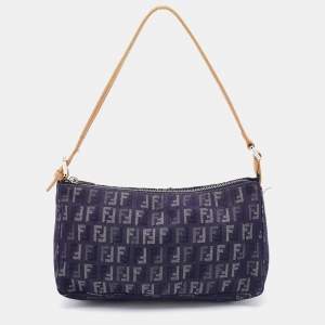 Pre Owned Fendi Blue/Beige Zucchino Canvas and Leather Pochette Bag