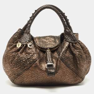 Pre Owned Fendi Bronze Textured Leather Spy Hobo
