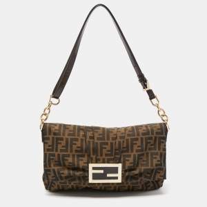 Pre Owned Fendi Tobacco Zucca Canvas and Patent Leather Mia Flap Crossbody Bag