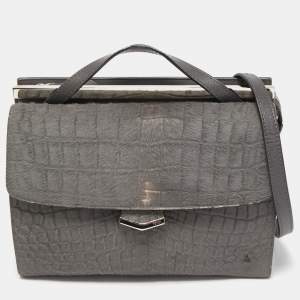 Pre Owned Fendi Grey Croc Embossed Calfhair and Leather Small Demi Jour Top Handle Bag