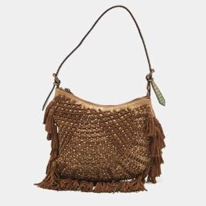Pre Owned Fendi Brown/Multicolor Leather and Lizard Trim Small Tassel Oyster Hobo
