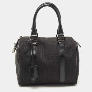 Fendi Black Zucchino Fabric and Leather Small Forever Bauletto Boston Bag