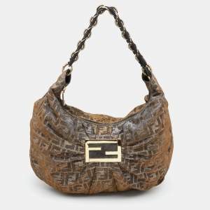 Pre Owned Fendi Metallic Zucca Lurex Fabric Mia Hobo