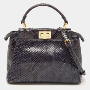Pre Owned Fendi Navy Blue Python Mini Peekaboo Top Handle Bag