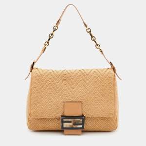 Pre Owned Fendi Beige Raffia and Leather Detail Mama Forever Shoulder Bag