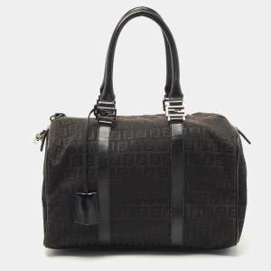 Fendi Black Canvas and Leather Forever Bauletto Boston Bag