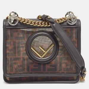 Pre Owned Fendi Black/Brown FF Mesh Nylon and Leather Mini Kan I Shoulder Bag