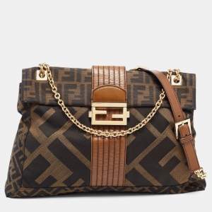 Fendi Tobacco Zucca Canvas and Leather Maxi Baguette Flap Shoulder Bag