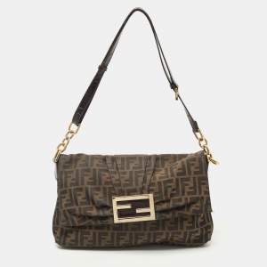 Pre Owned Fendi Tobacco Zucca Canvas and Patent Leather Mia Flap Shoulder Bag