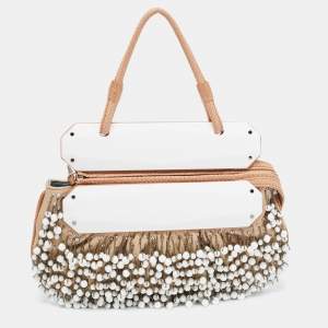 Pre Owned Fendi  Beige/White Leather and Lizard Beaded To You Clutch Bag