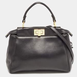Pre Owned Fendi Black Leather Mini Peekaboo Top Handle Bag