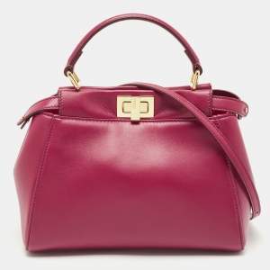 Pre Owned Fendi Dark Red Leather Mini Peekaboo Top Handle Bag