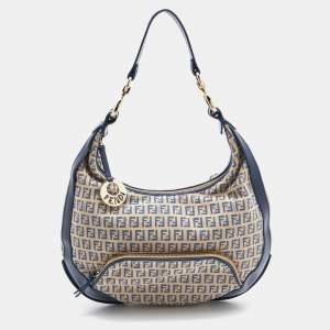 Pre Owned Fendi Beige/Blue Zucchino Canvas and Leather Pocket Chef Hobo