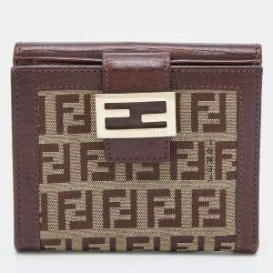 Pre Owned Fendi Beige/Brown Zucchino Canvas and Leather Compact Forever Flap Wallet